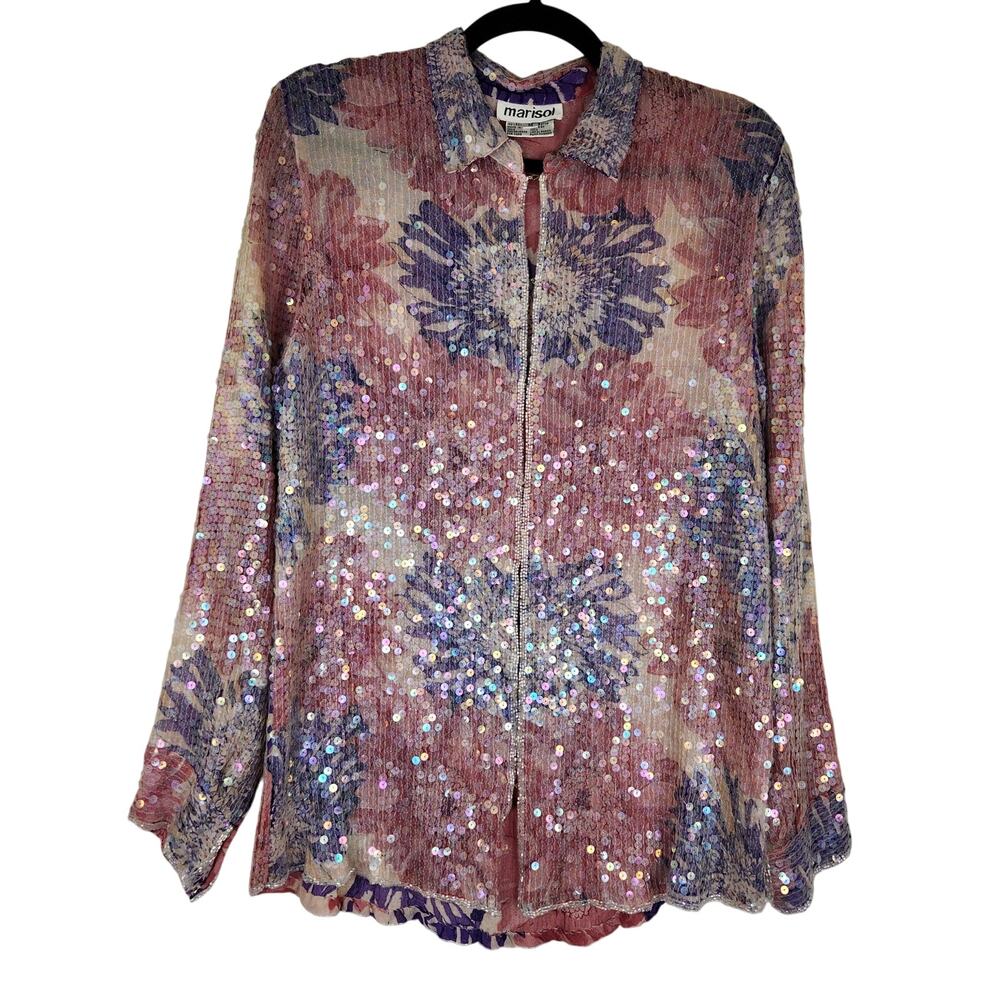 VTG Marisol Pink Purple Sequin Floral Blouse Women's Medium Glamorous Elegant